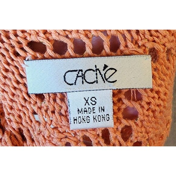 Vtg Y2K Cache Short Sleeve V Neck Open Knit Long Sweater Top Orange Metallic XS - Picture 9 of 12